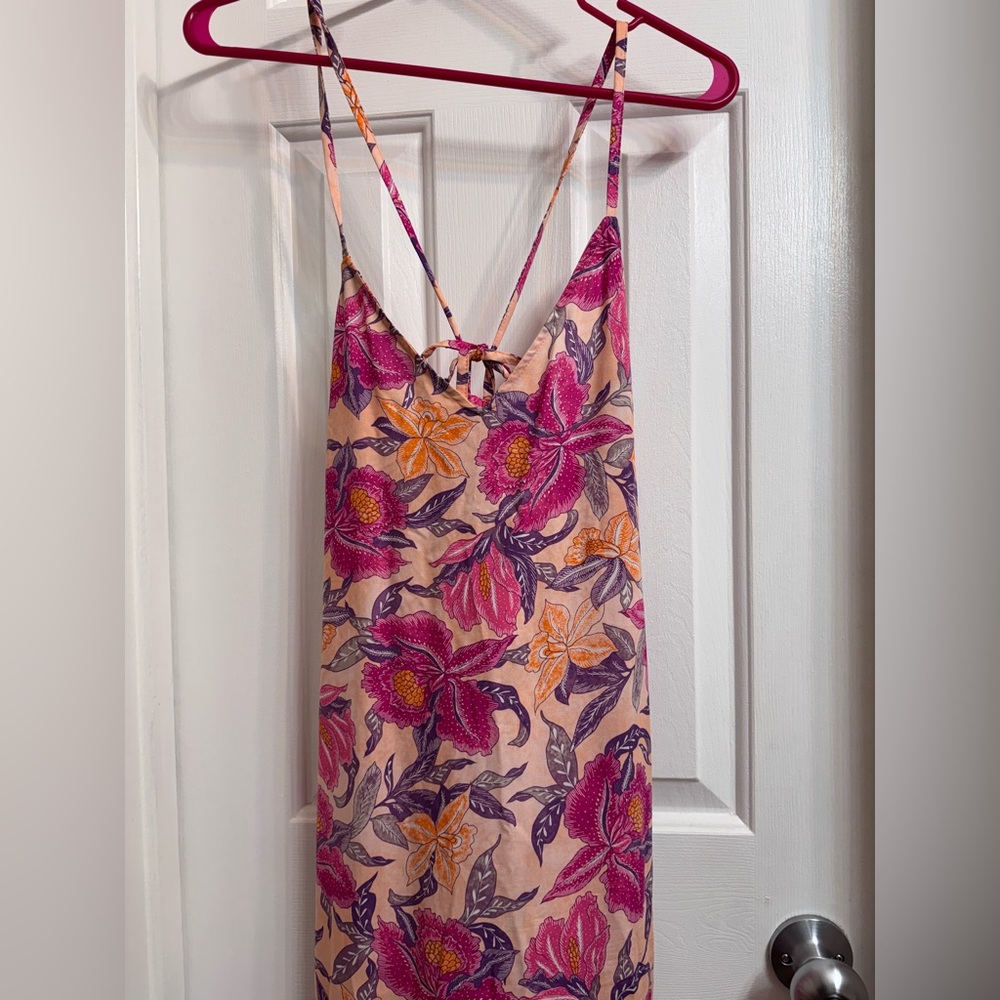 Old Navy Floral Pink/Peach/Orange tie back Maxi Dress  with slit Size Small Tall